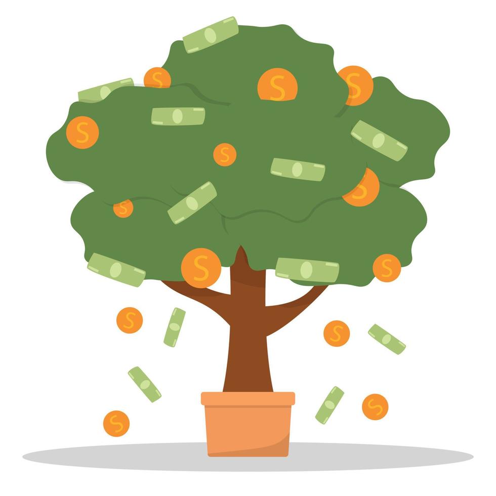 Money tree in pot with cash on branches. Plant with falling coins and banknotes. Concept of abundance, prosperity and richness. Colored flat cartoon vector illustration isolated on white