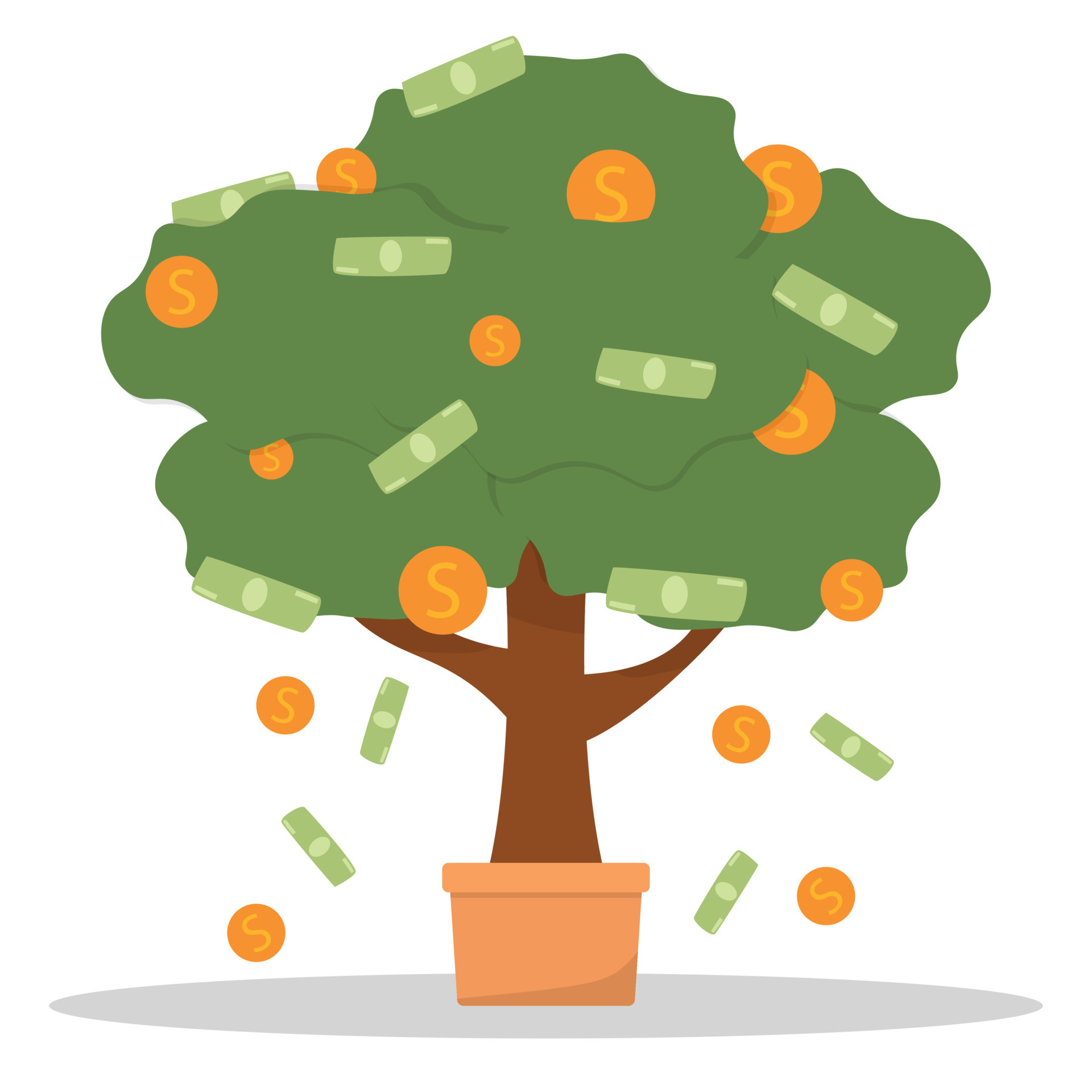 Money tree in pot with cash on branches. Plant with falling coins and  banknotes. Concept of abundance, prosperity and richness. Colored flat  cartoon vector illustration isolated on white 11995350 Vector Art at