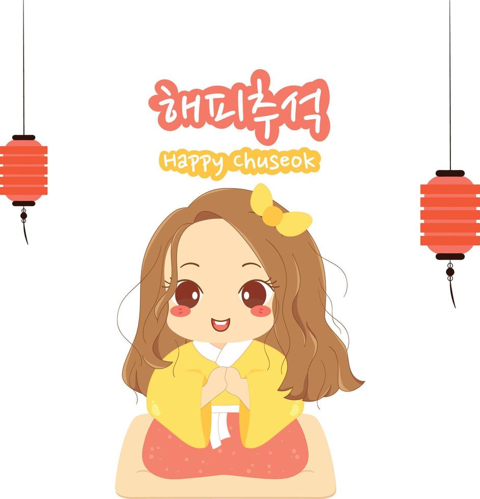 chica chuseok feliz con ropa tradicional coreana hanbok vector