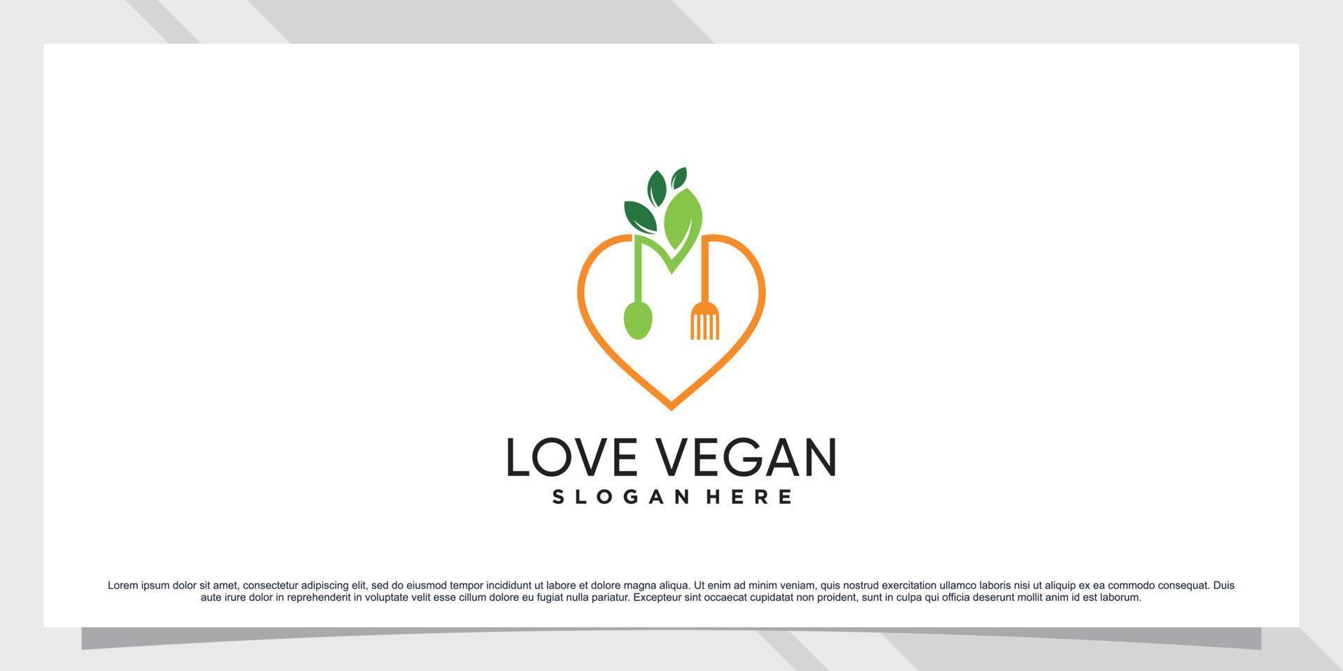 Vegan food logo design with love and creative element vector