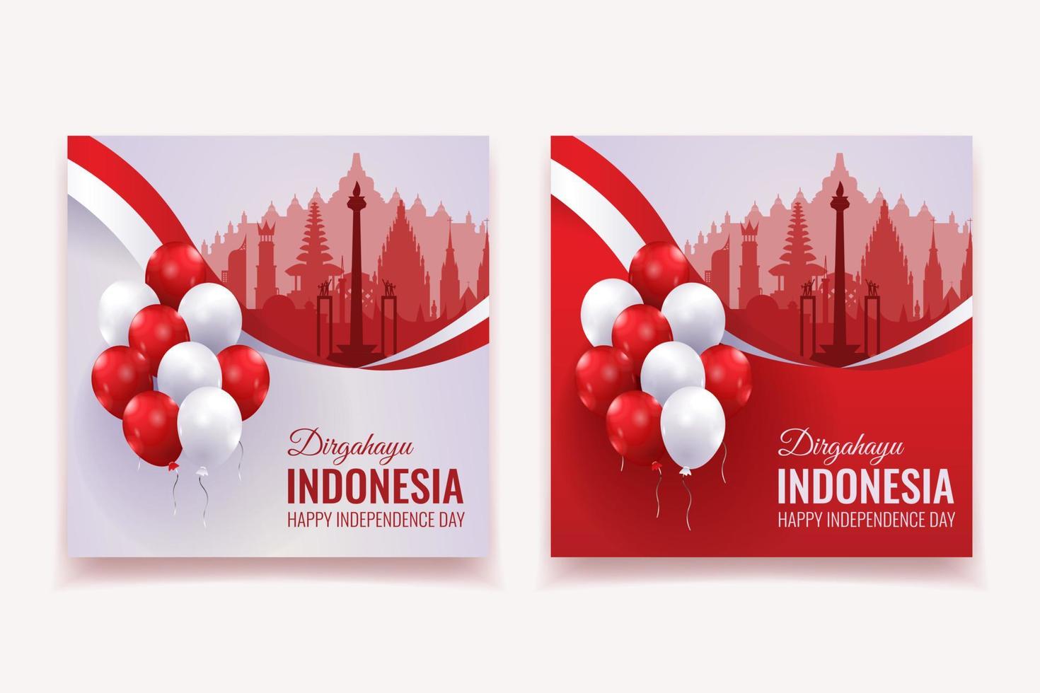 banner del día de la independencia de indonesia decorado con banderas onduladas y globos vector