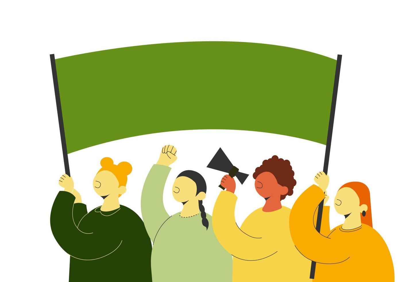 Crowd of protesters with fist raised and megaphone and flag at demonstration. Place for text. Vector illustration