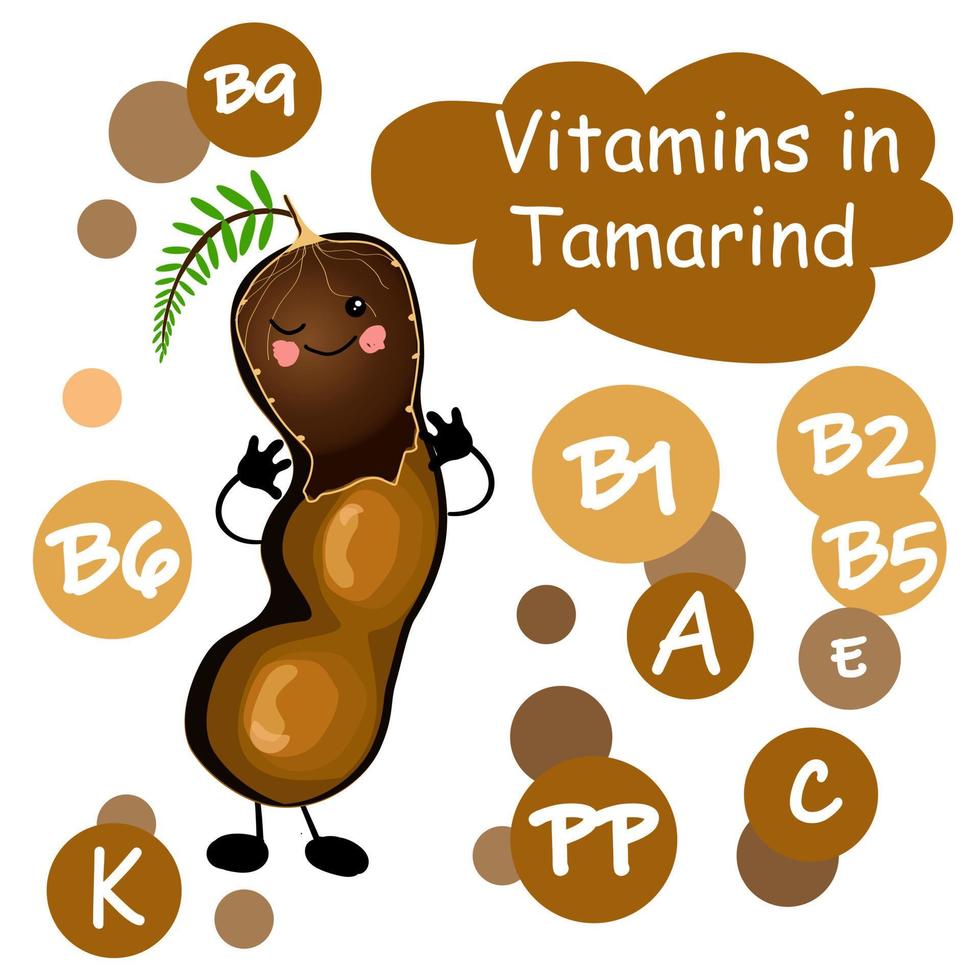 Tamarindo. fruta marrón tropical. personaje con brazos y piernas. vitaminas en frutas. vector