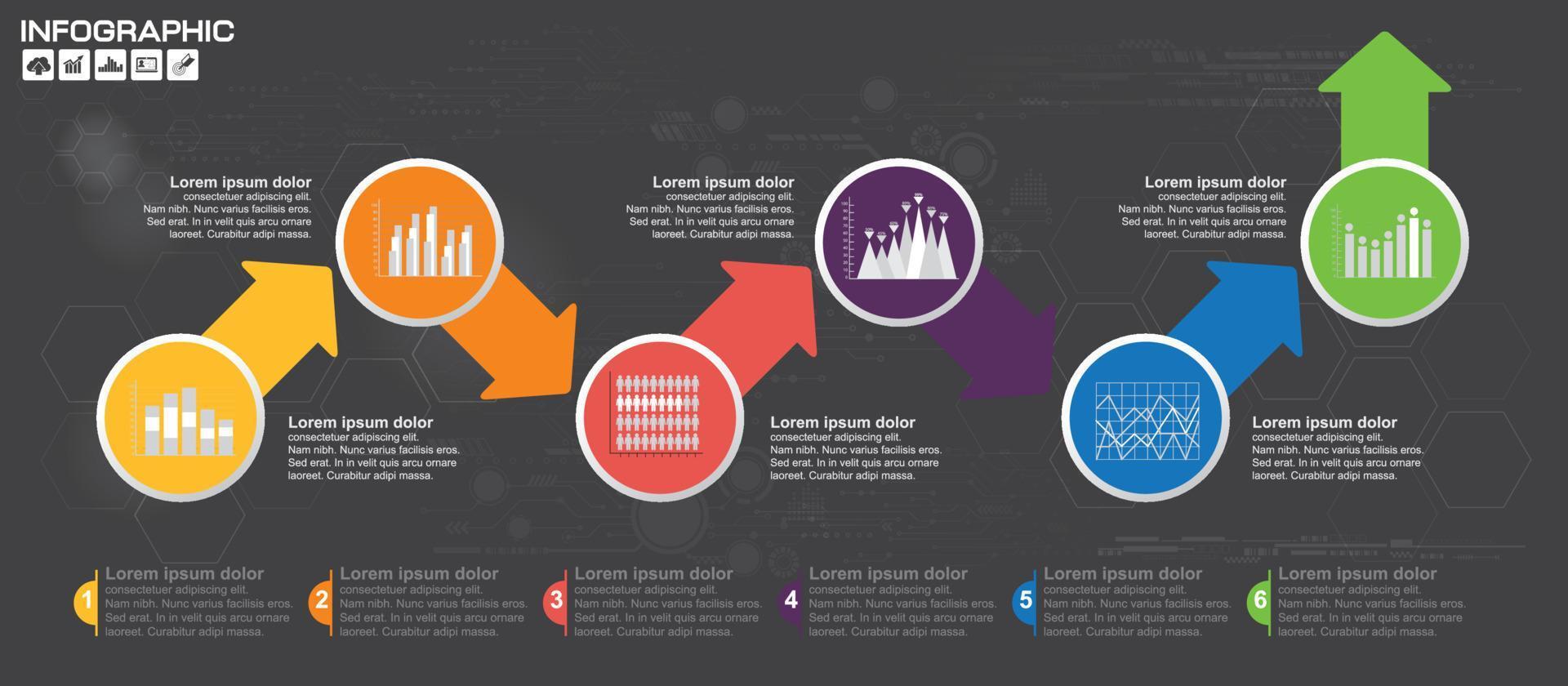 plantilla de infografía de gráfico de proceso de línea de tiempo horizontal de negocio moderno. banner vectorial utilizado para el diagrama de diseño de presentación y flujo de trabajo, diseño web. Elementos abstractos de opciones de gráfico de 6 pasos. vector