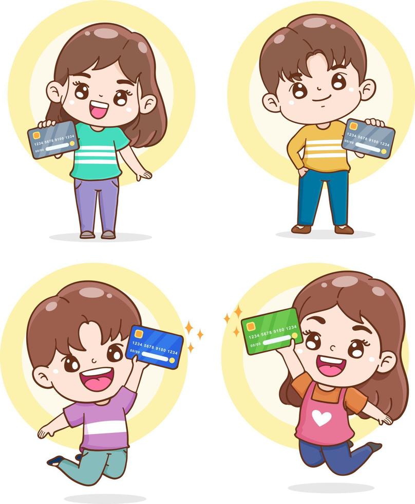 character cartoon teenager holding credit card , shopping with credit card, financial and money concept, flat illustration vector