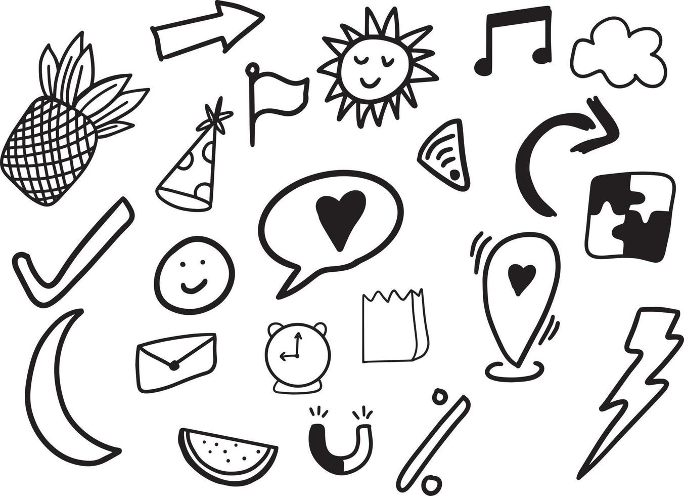 Set of children drawings. Hand drawn set of cute kids doodles. Vector black and white outline.