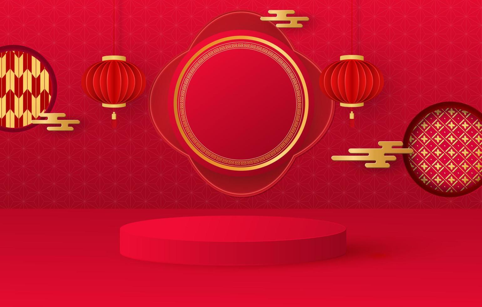 Platform and 3D studio, presentation podium. Festive background hanging lanterns, patterns. Red round stand. Vector illustration