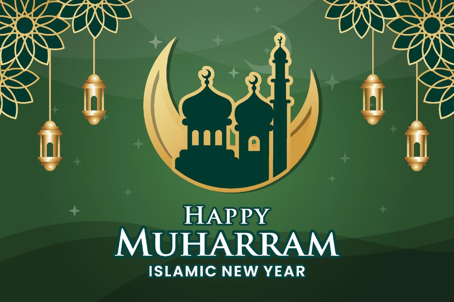 banner de año nuevo islámico verde con luna de mezquita y fondo de flores vector