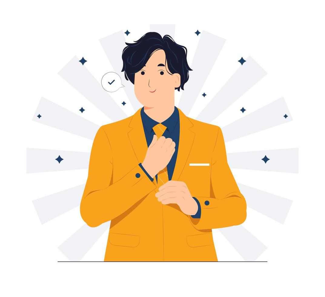 Confident young businessman adjusting his necktie getting dressed and fixing his tie early in the morning concept illustration vector