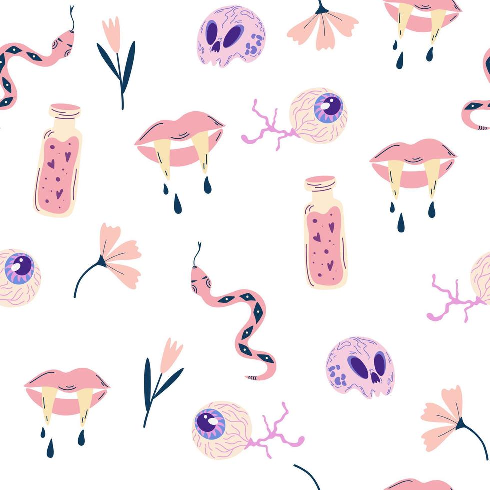 Halloween seamless pattern. Snake, skulls, eyes, flowers and potion. Design for Halloween, invitation cards, greeting cards, printing. Vector hand draw illustration isolated on the white background