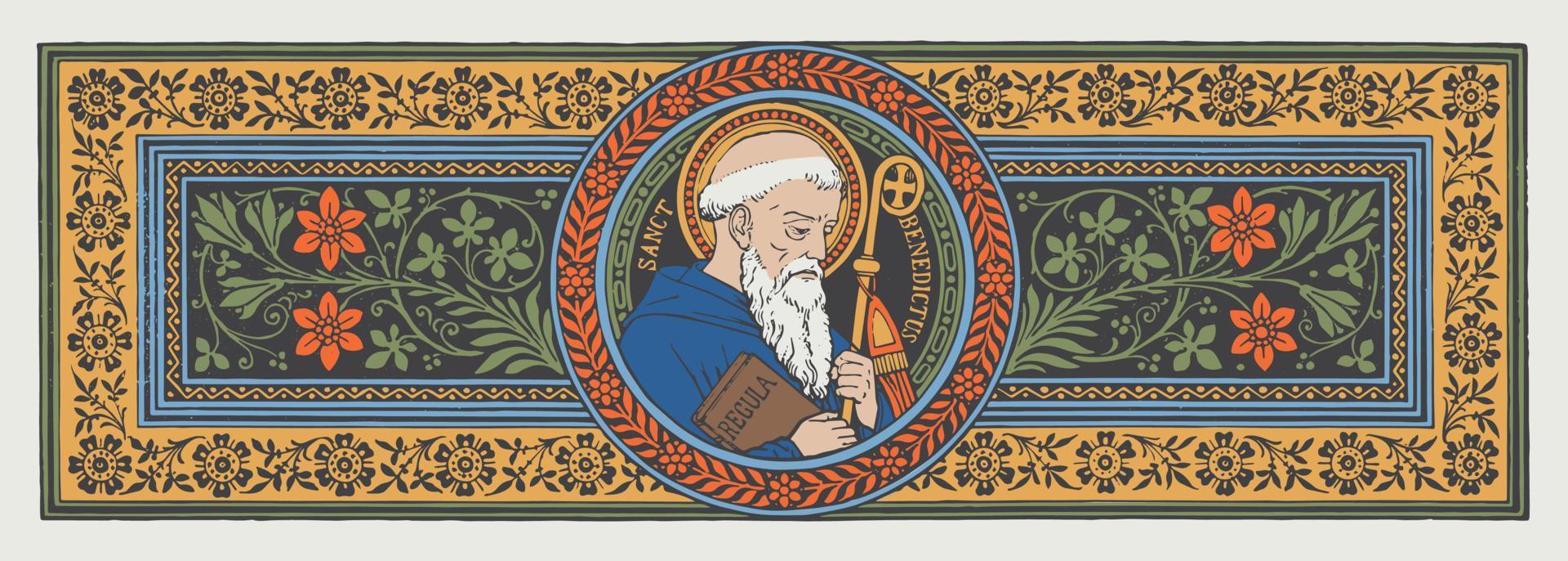 St. Benedict of Nursia, Catholic engraving vector. Catholic monk. Catholic Saint. Father of Western monasticism. Patron saint of Europe. Lived from 480 - 547 A.D vector