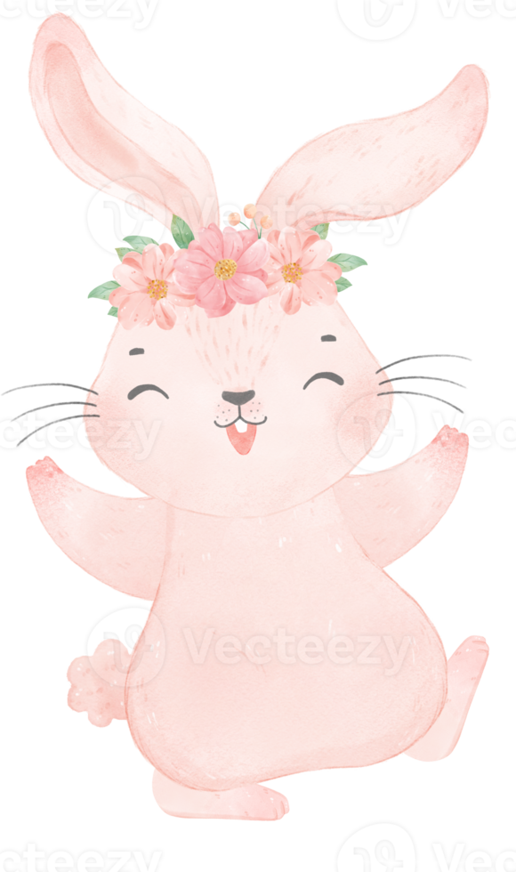 mignon bébé princesse douce lapin rose avec couronne florale aquarelle png