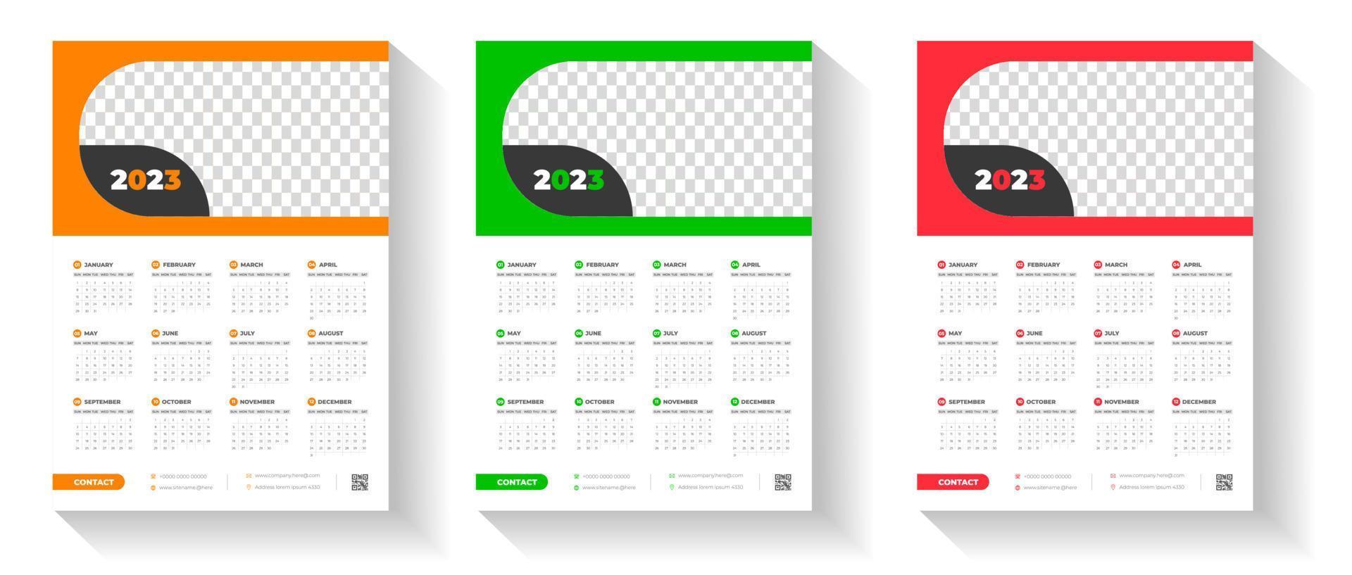 2023 wall calendar design template  with red, green and orange color vector