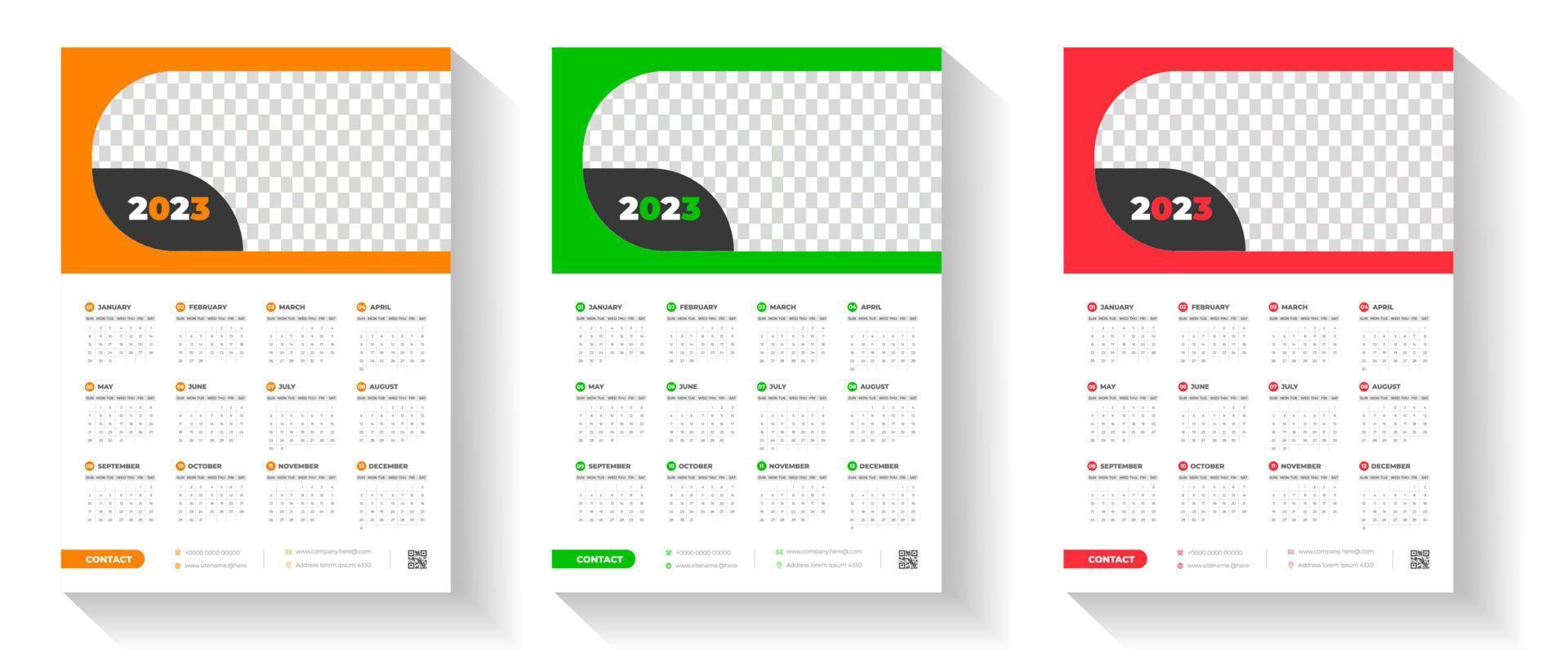 Plantilla de diseño de calendario de pared 2023 con color rojo, verde y naranja vector