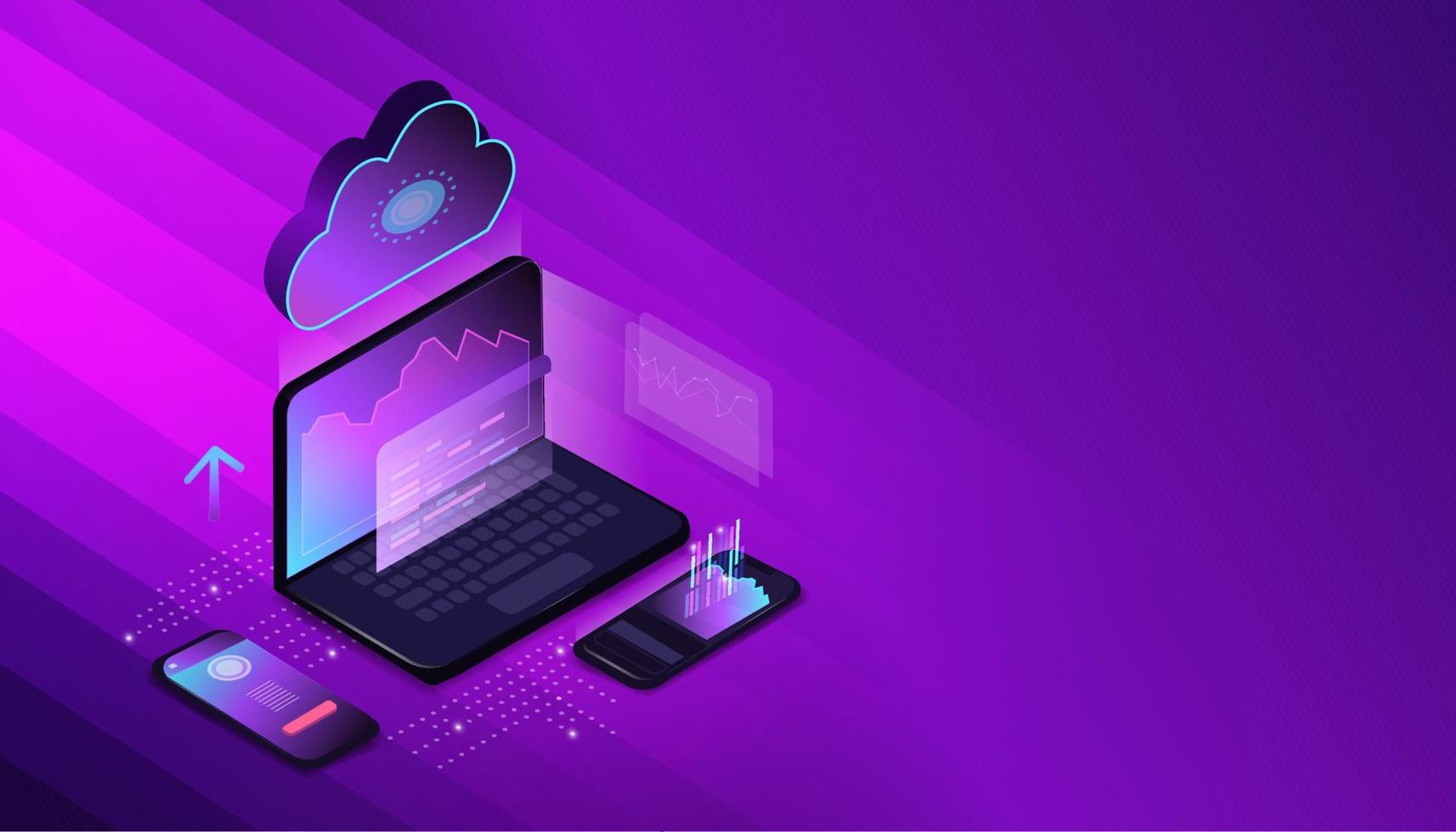 página web en la pantalla de un portátil, un teléfono móvil miente, una nube, un servicio en la nube o una aplicación. fondo tecnológico moderno. isometría banner conceptual de tecnologías web. vector