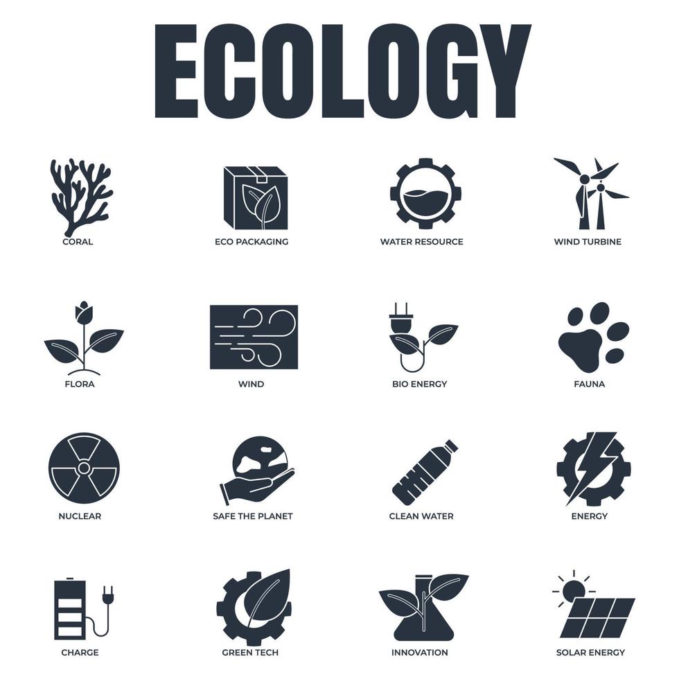 Set of Environmental ecology icon logo vector illustration. Eco friendly pack. solar energy, wind turbine, nuclear, water resource and etc symbol template for graphic and web design collection