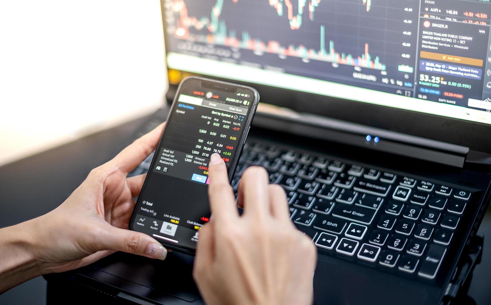 Female trader investor broker analyst holding a smartphone in hand analyzing stock market trading charts indexes data checking price using mobile stock market exchange application. photo