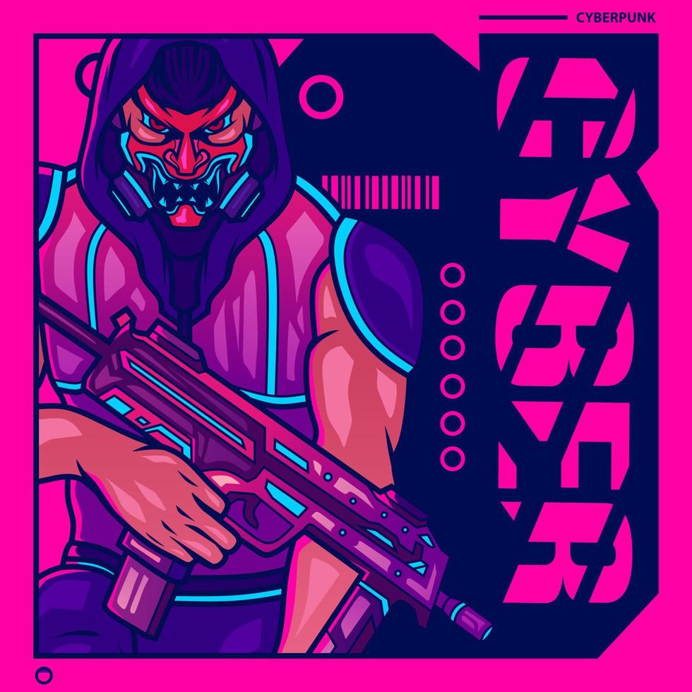 hombre samurái usa pistola estilo arte cyberpunk. diseño de ficción colorido con fondo oscuro. ilustración vectorial abstracta. vector