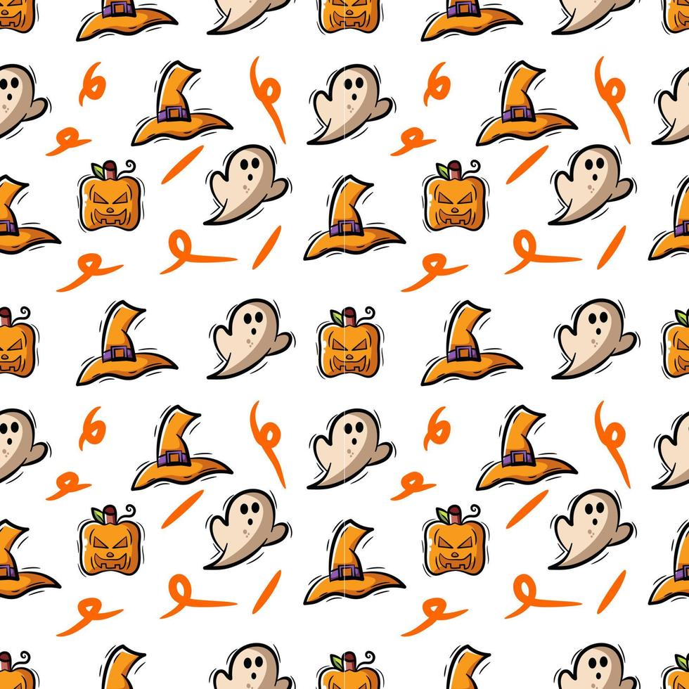 cute seamless pattern background halloween with ghost, pumpkin, witch hat vector