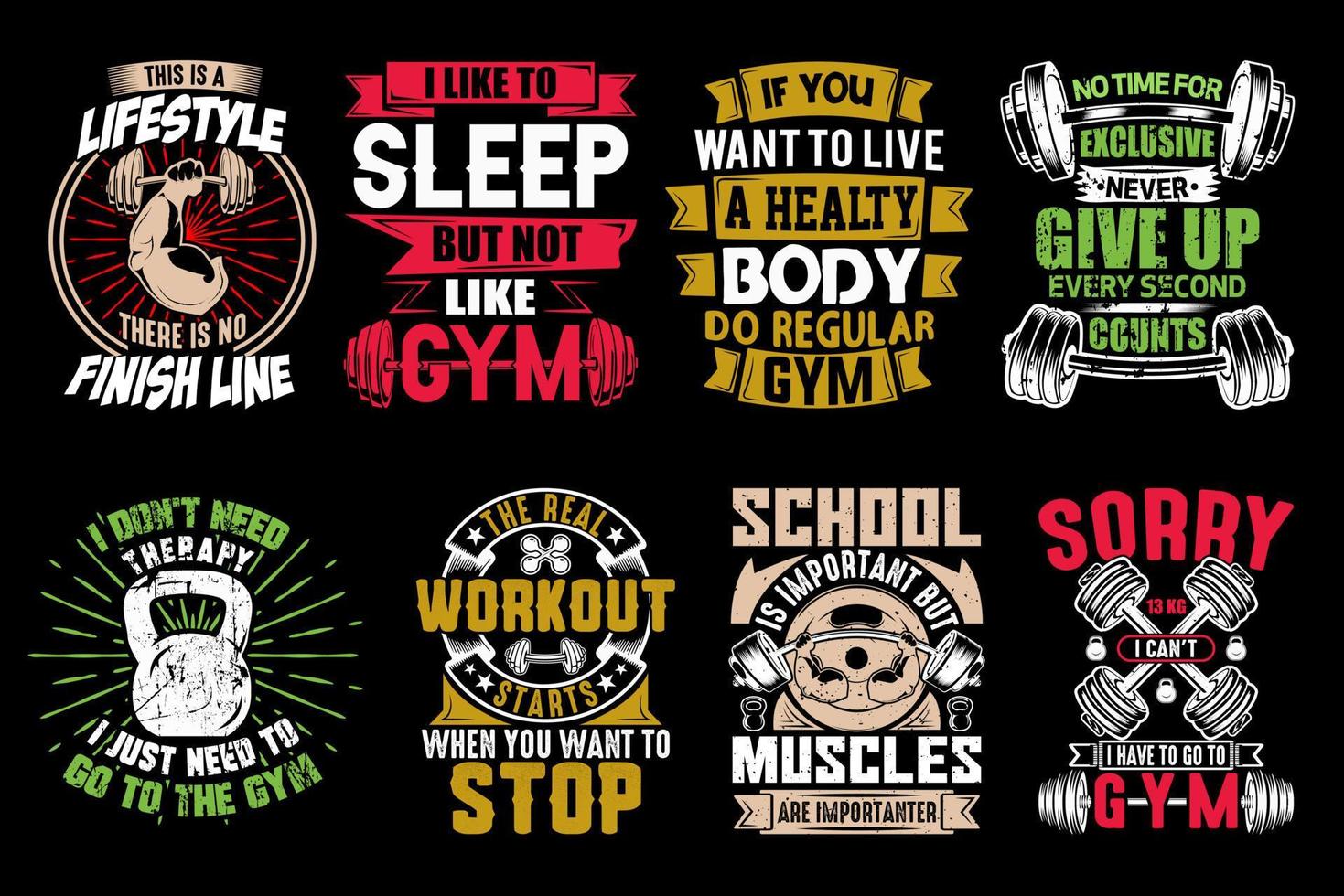 paquete de diseño de camisetas de gimnasio y fitness, herramientas de gimnasio, equipos de fitness vector