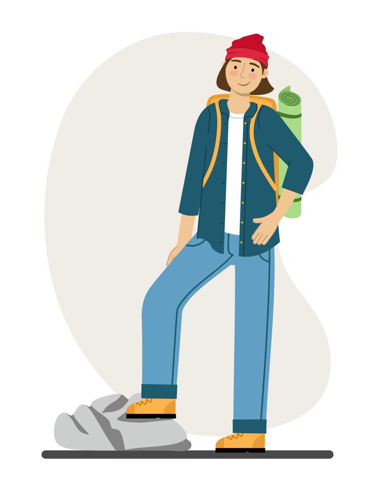 Man traveler is engaged in hiking Hiking with a backpack A tourist in the mountains Vector illustration