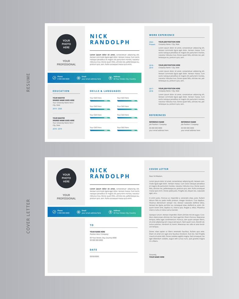 currículum horizontal o cv y plantilla de carta de presentación. vector profesional