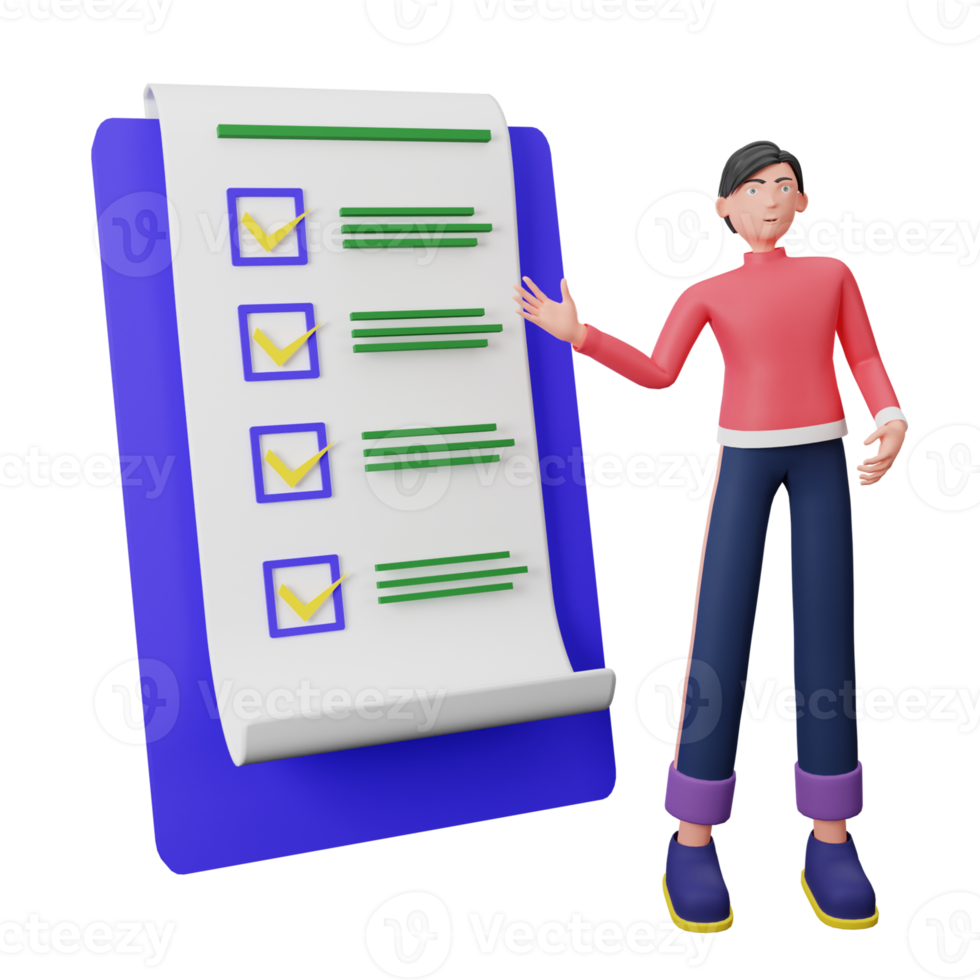 3D character illustrations presenting checklist data with transparent background png