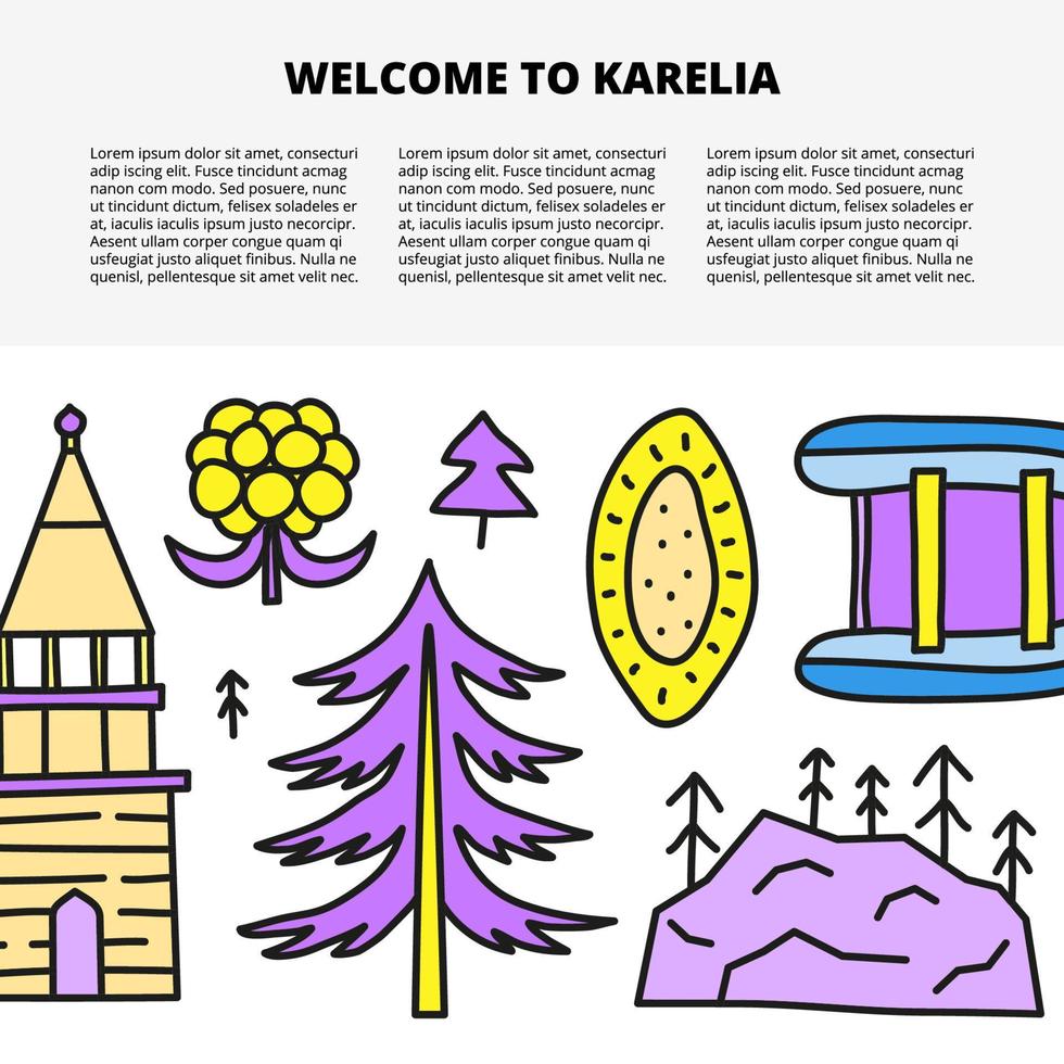 plantilla de artículo con espacio para texto e íconos de karelia de color garabato que incluyen arándano, río, colinas, trucha, oso aislado en fondo blanco. vector