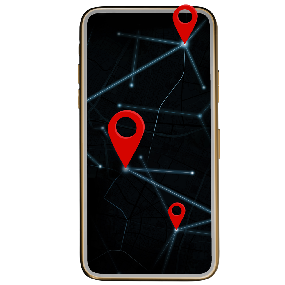 smartphone e coordenadas do pino de rota nos pinos de coordenadas do aplicativo de mapas navegação do mapa gps do telefone móvel ilustração 3d png