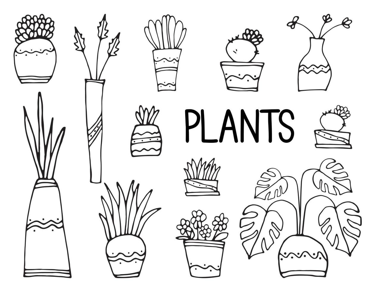 Potted flowers are drawn with a black line on a white background. Vector doodles.