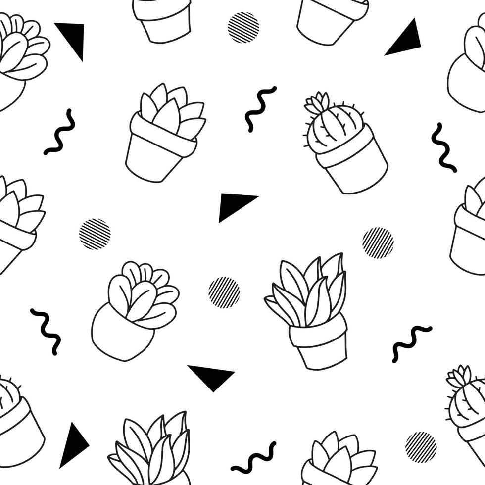 black stroke succulents cactus in pots set outline random black object illustration white. vector