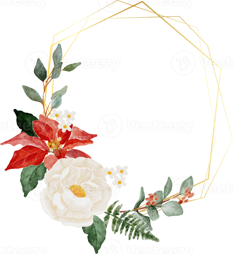 watercolor christmas flower bouquet wreath with gold frame png