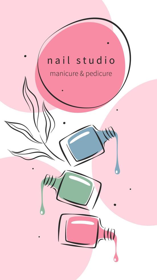 Design layout nail studio for social media posts and stories, mobile apps. Nail polish. Vector illustrations