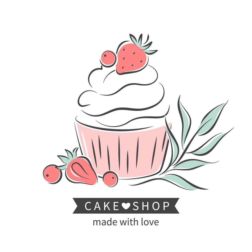 Cake and bread shop. Cupcake and berries. Vector illustration for logo, menu, recipe book, baking shop, cafe, restaurant.