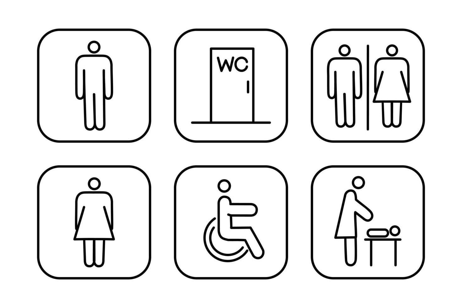 A set of toilet navigation icons. Wayfinding wc female male for disabled and mother and child room. Vector illustration