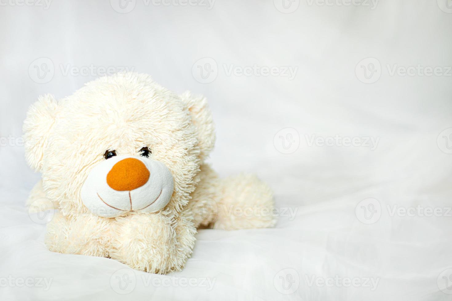 Teddy bear lies in bed photo