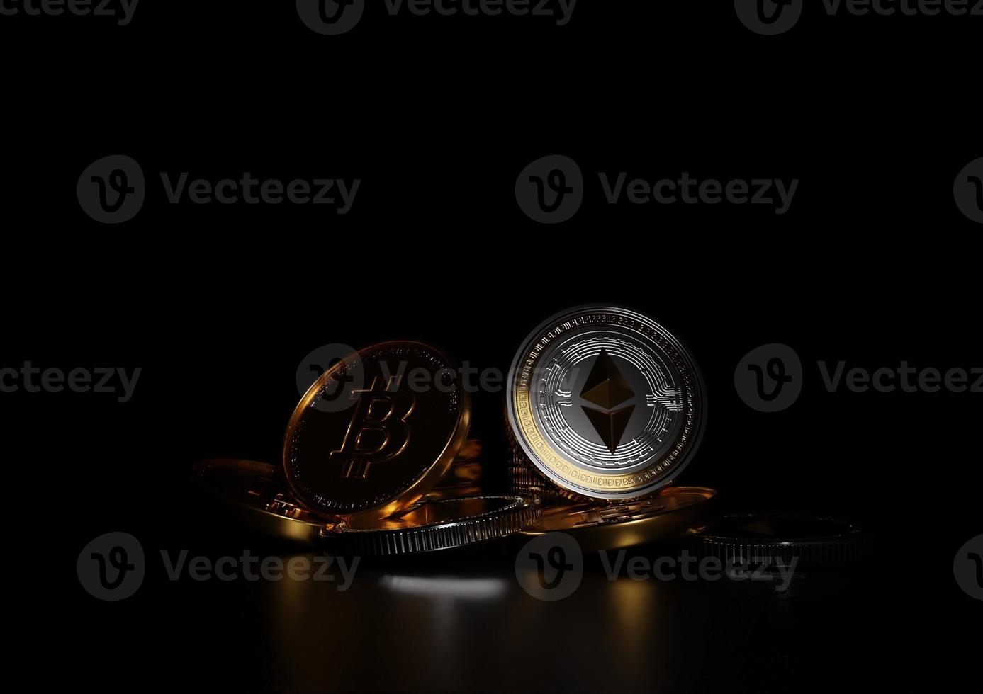 bitcoin y ethereum sobre fondo negro, monedas bitcoin 3d foto