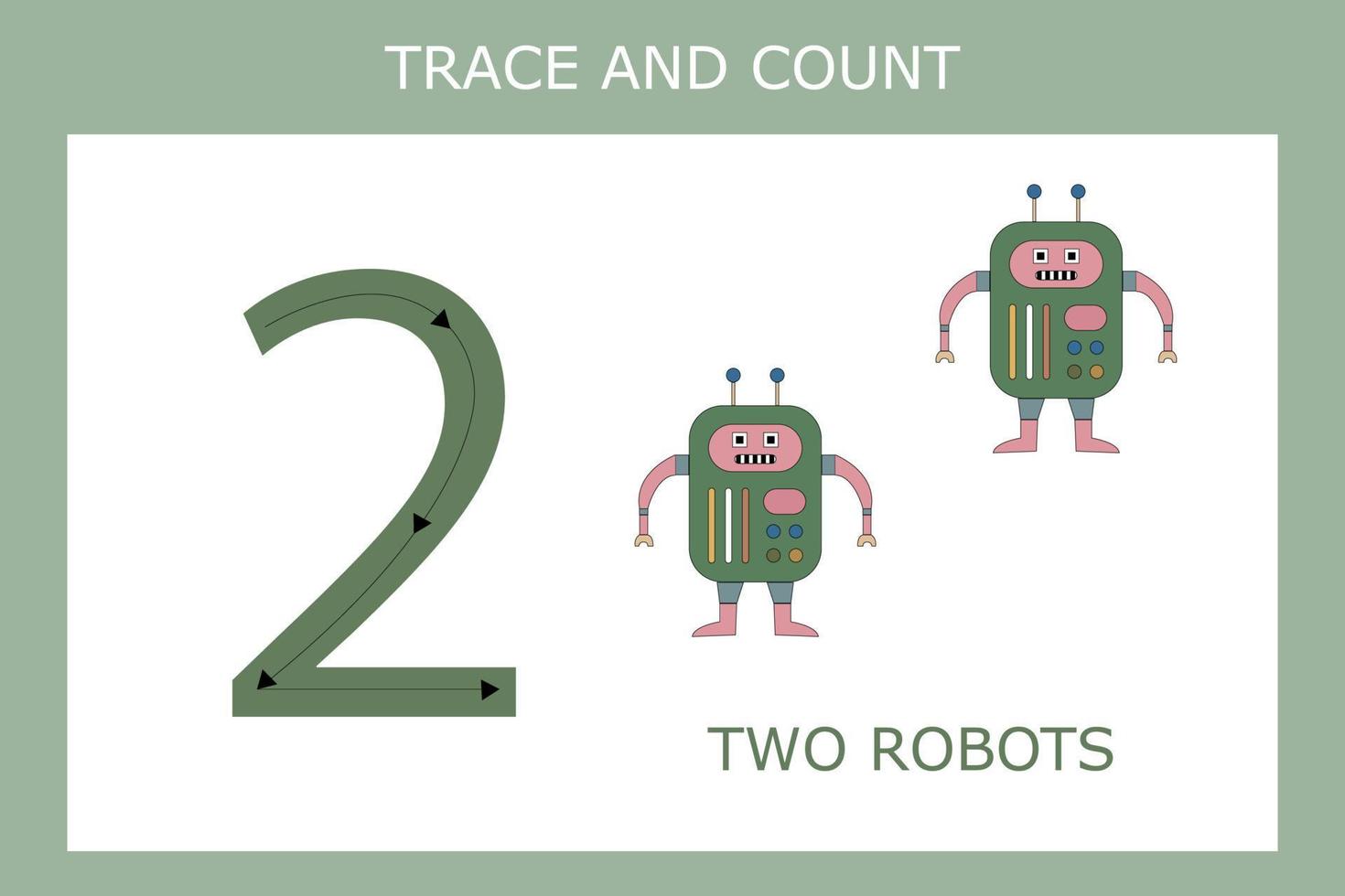 Numbers for kids. Worksheet for kindergarten and preschool. Training to write and count numbers with funny  robots vector