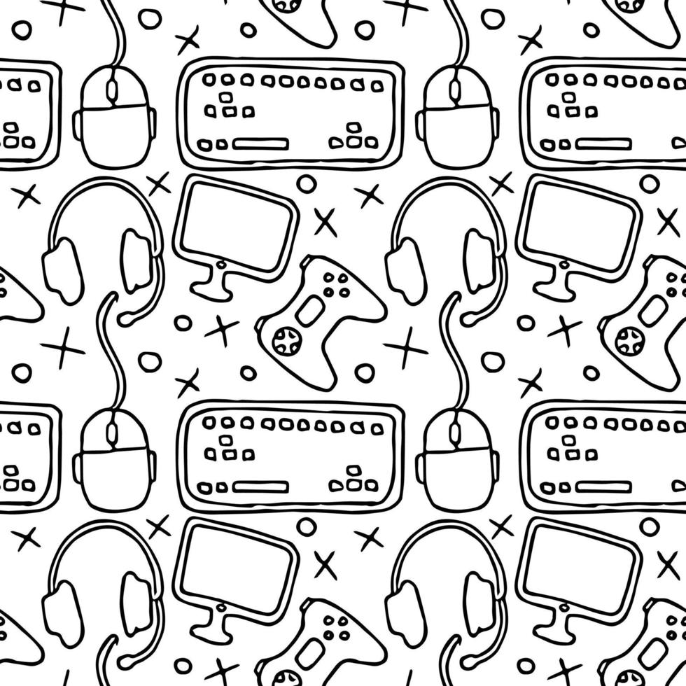 Seamless gaming pattern. Background with gamepad,monitor, keyboard, computer mouse, headphones vector