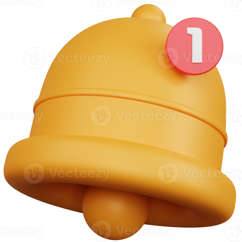 Cloche jaune de rendu 3d avec icône de notification rouge et numéro un isolé png