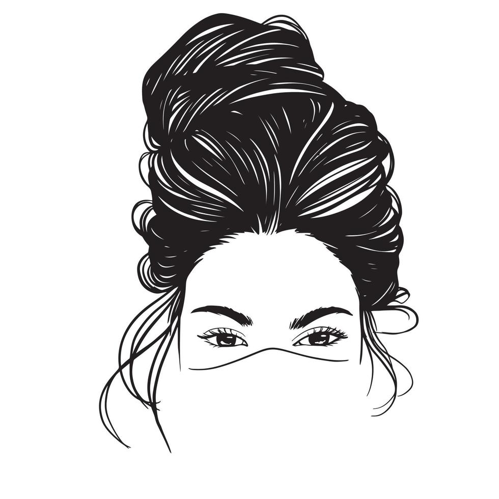 mujer de belleza en moño desordenado, ilustración de pelo de moño desordenado, arte lineal, silueta, para diseño de camisetas, taza, bolso de mano, etc. vector