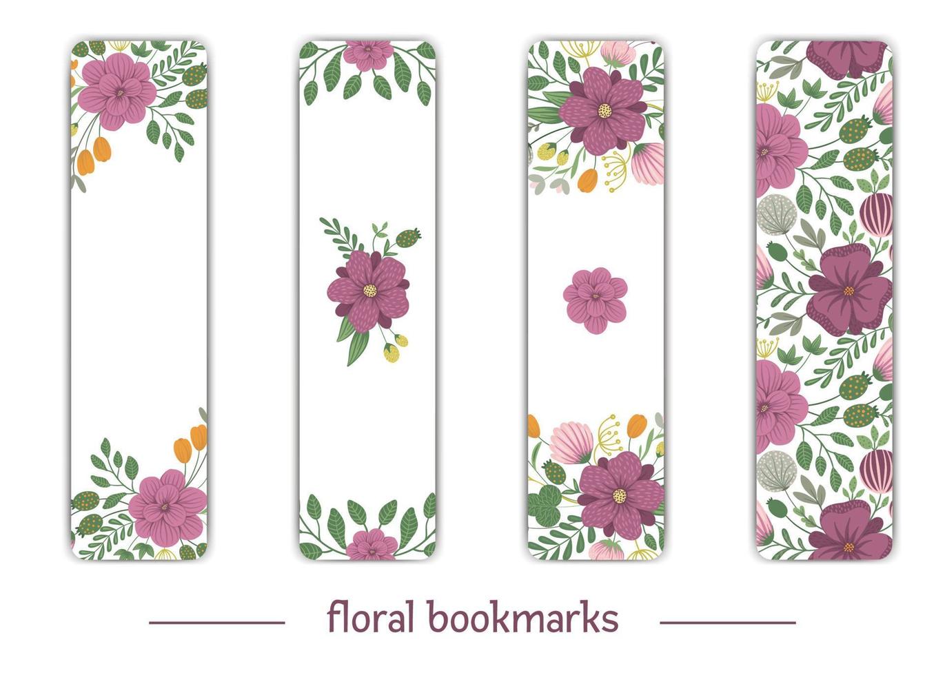 Vector bookmark templates with floral elements. Flat trendy illustration with flowers, leaves, branches. Meadow, woodland, forest clip art. Flat trendy background for stationery design