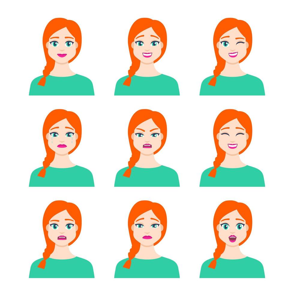 Set of young female icon with emotions in cartoon style. Girl avatar profile with facial expression. Characters portraits in bright colors. Isolated vector illustration in flat design