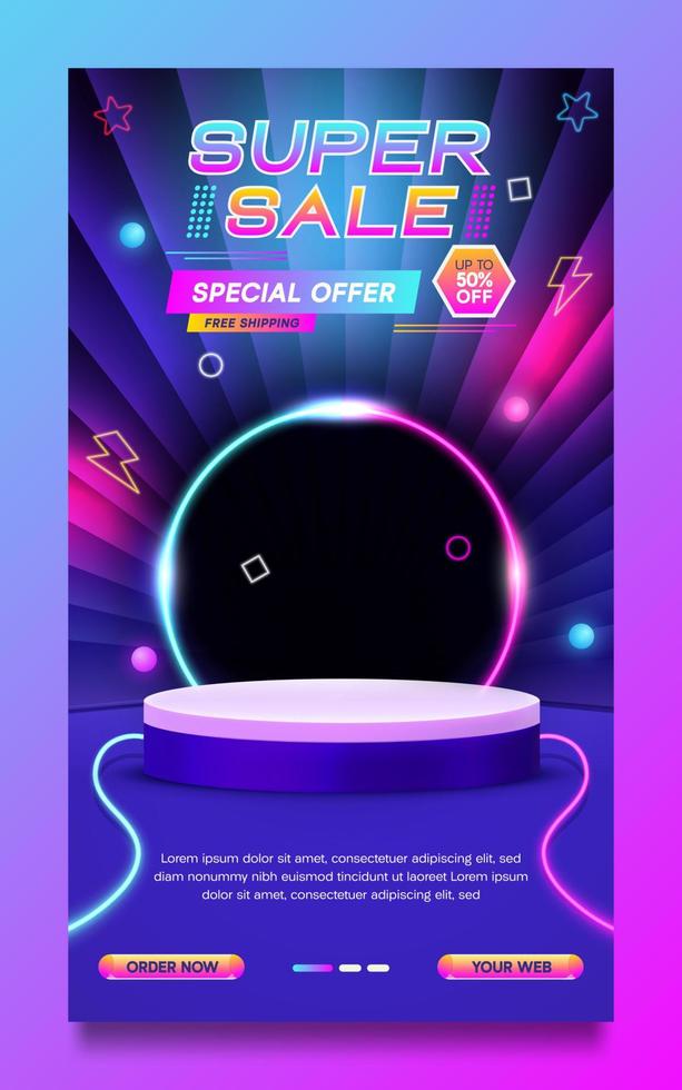 Super sale promo poster or stories neon style template vector