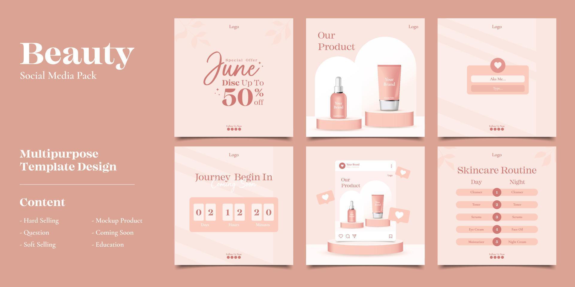 Beauty Cosmetic with Podium Sale Social Media Post Template Bundle Banner Set vector