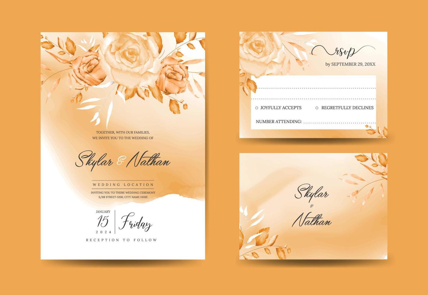 elegante tarjeta de boda de follaje floral de terracota y plantillas de tarjeta rsvp vector