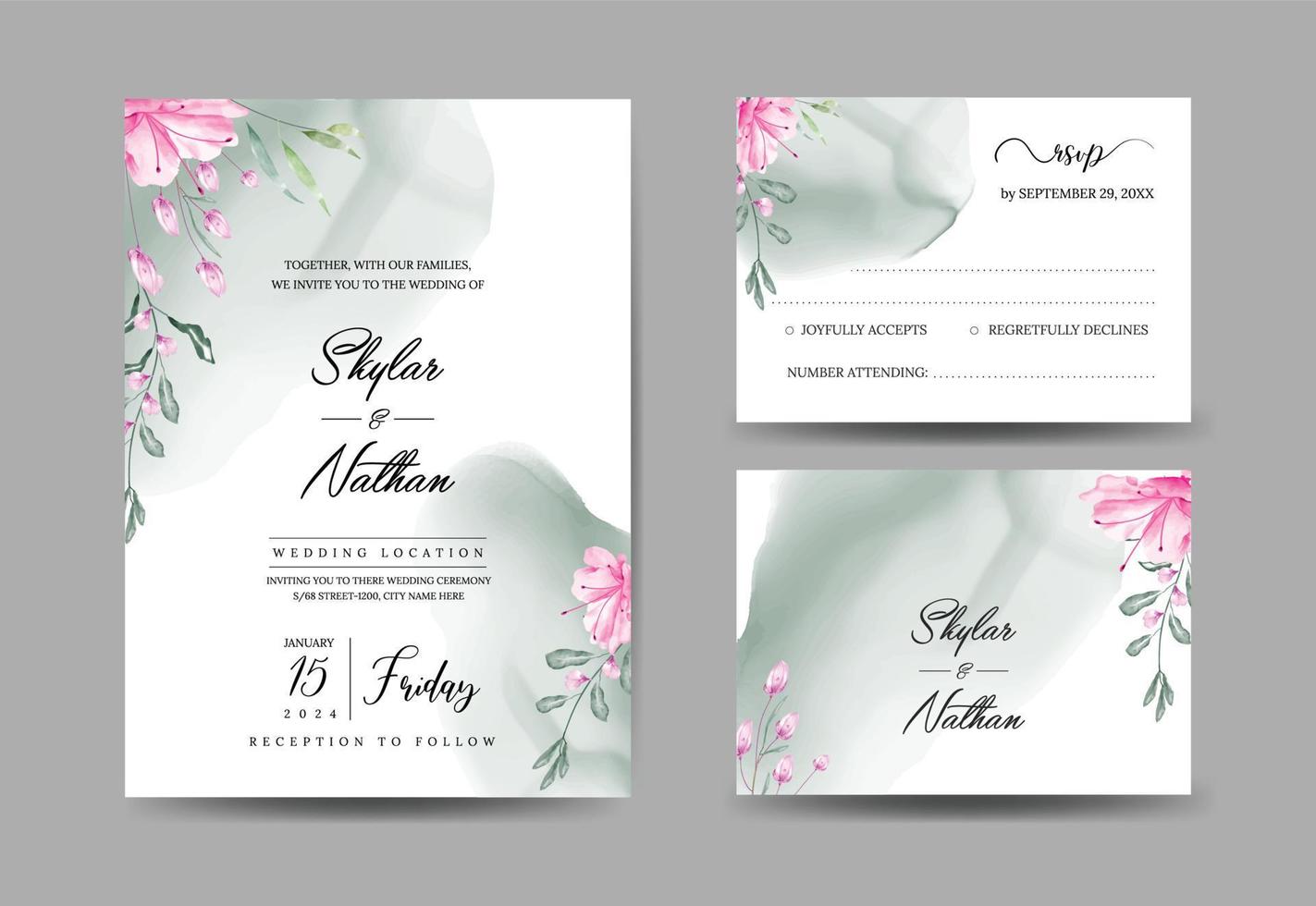 Watercolor exotic green wedding invitation card suit template and RSVP templates vector