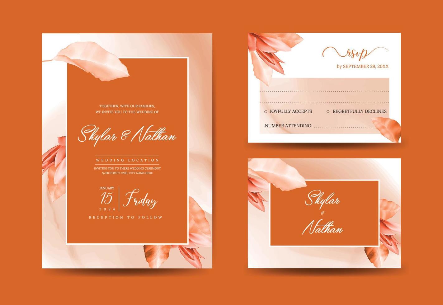 Elegant terracotta floral wedding card and RSVP cards template vector