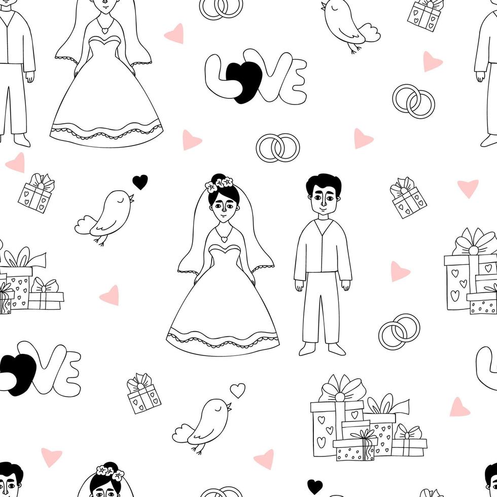 Seamless wedding pattern. Couple newlyweds, bride and groom, love, bird with heart, gifts and wedding rings on white background. Linear doodle. Vector illustration for design, decor, wallpaper, print.