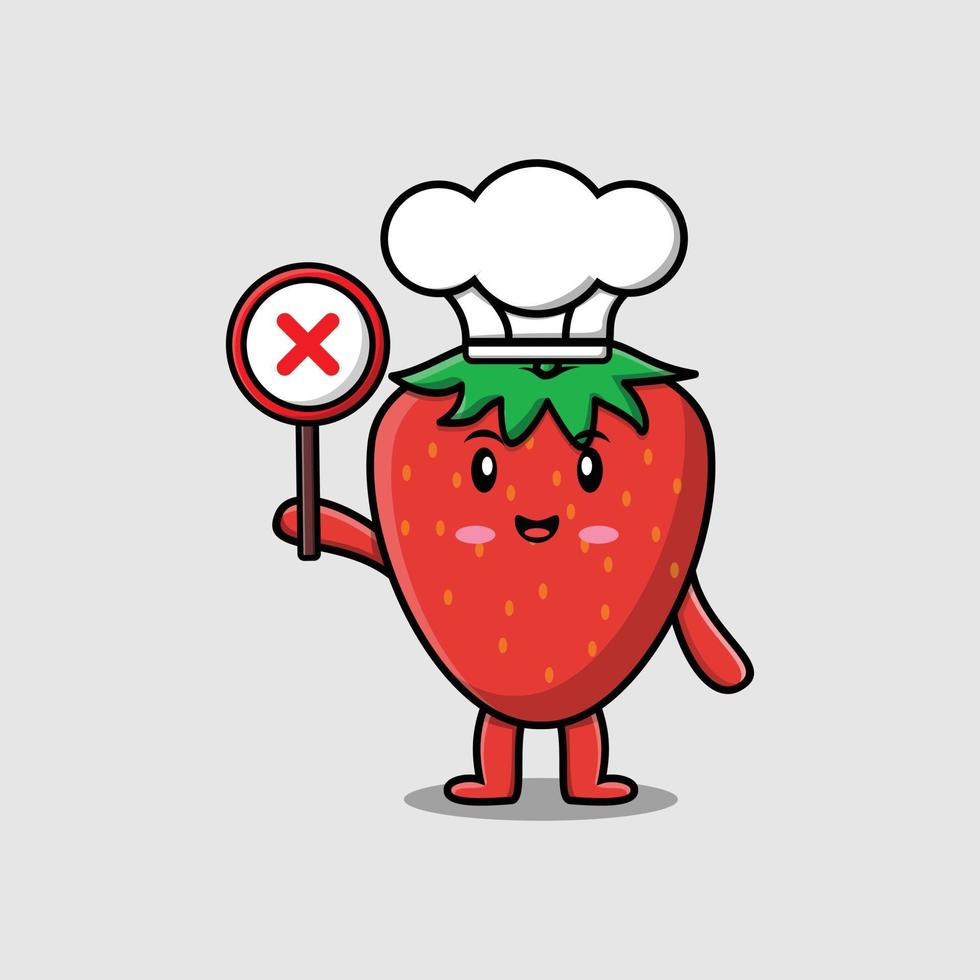 cartoon strawberry chef holding wrong sign board vector